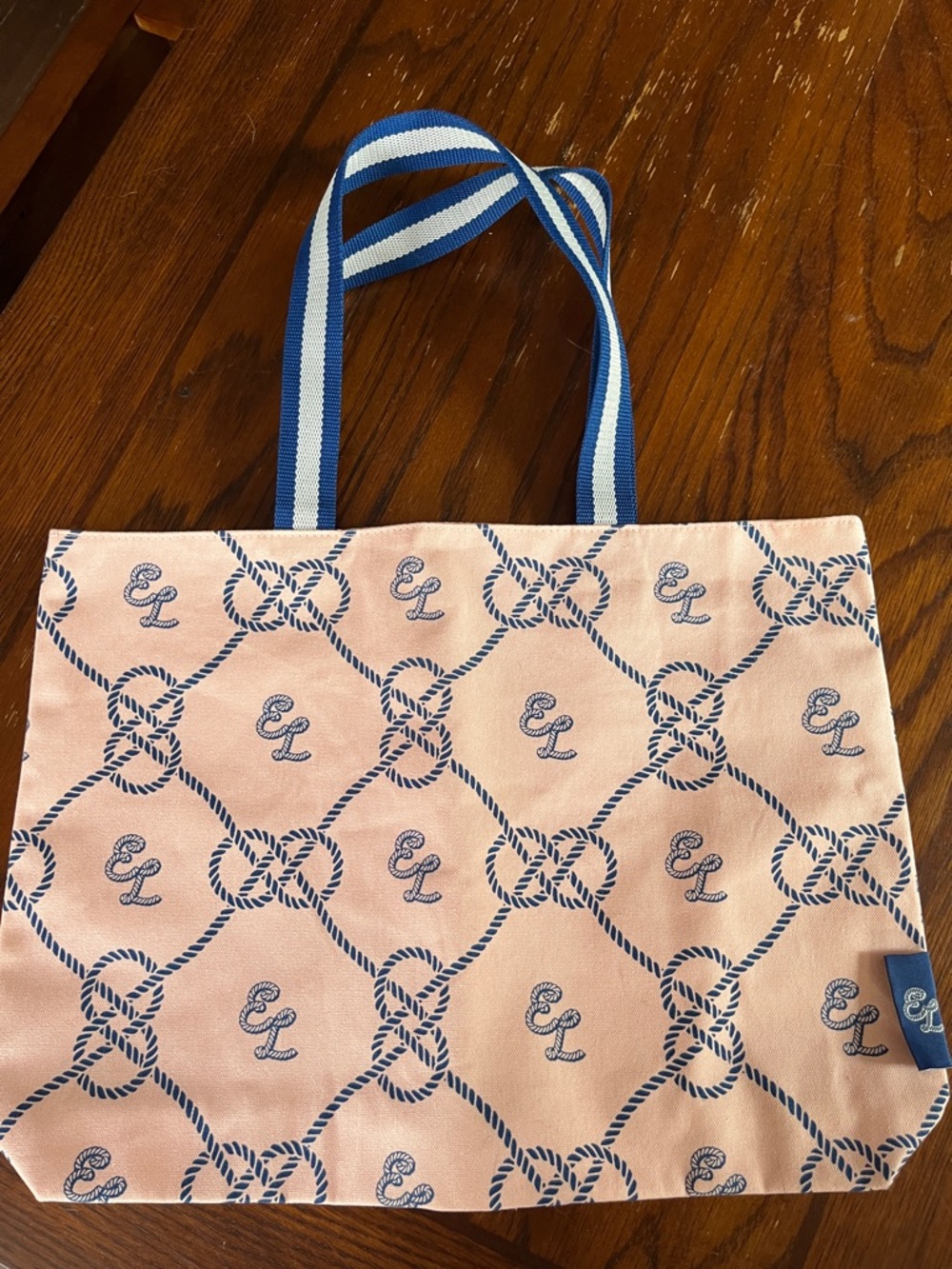 Canvas Tote Bag in Light Pink with Blue Rope Print